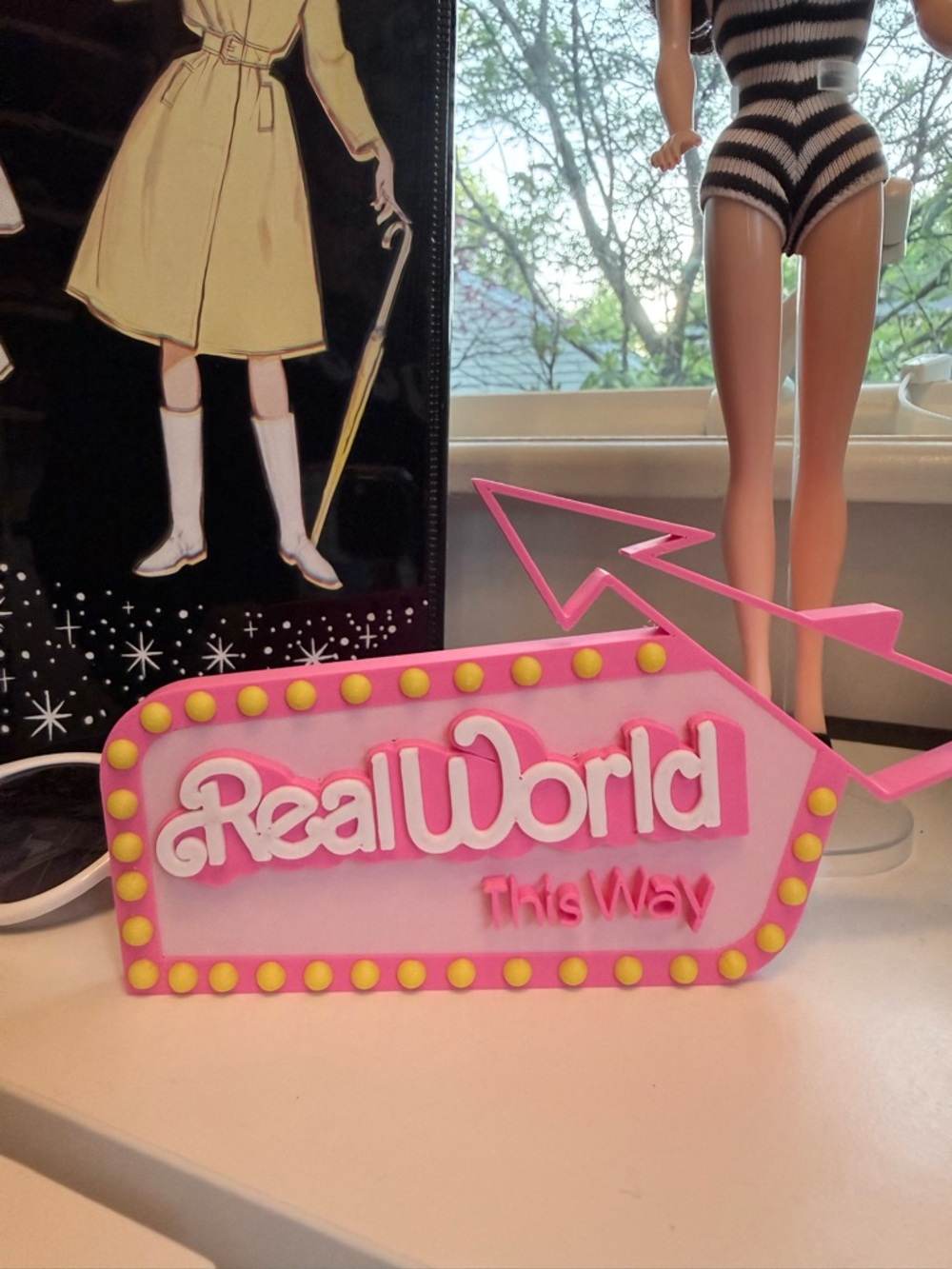 BARBIE sign & mug - Real World This Way Pink Arrow Sign & my job is mug